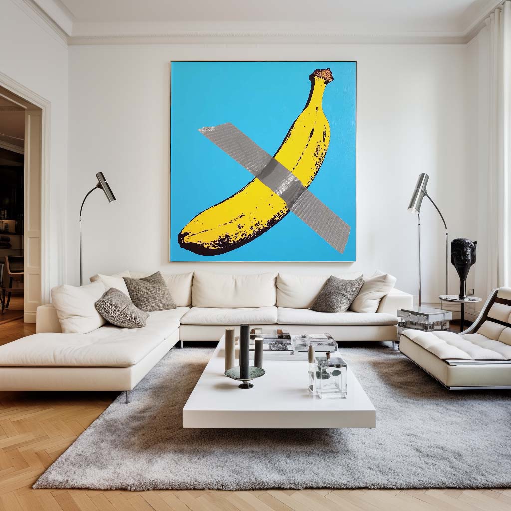 Colorful Banana Abstract Artwork with Tape on Vibrant Blue Canvas