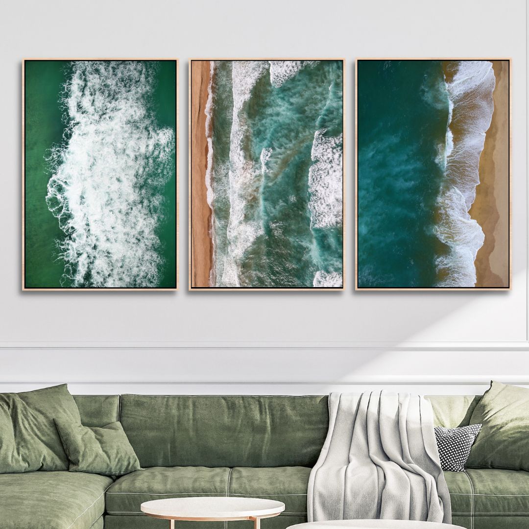 Serene Coastal Waves Triptych - Ocean-Inspired Oil Painting for Home Decor