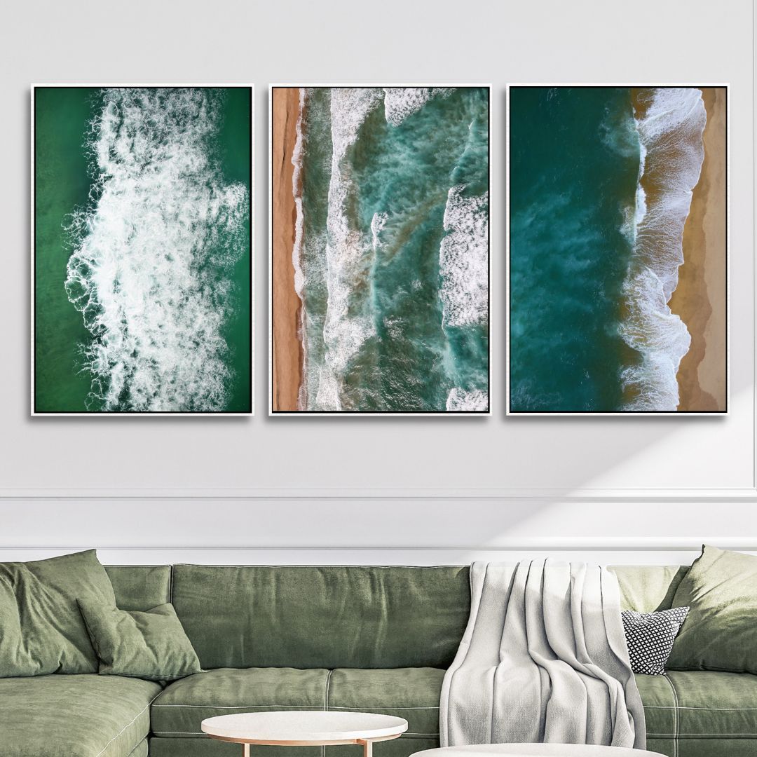 Serene Coastal Waves Triptych - Ocean-Inspired Oil Painting for Home Decor