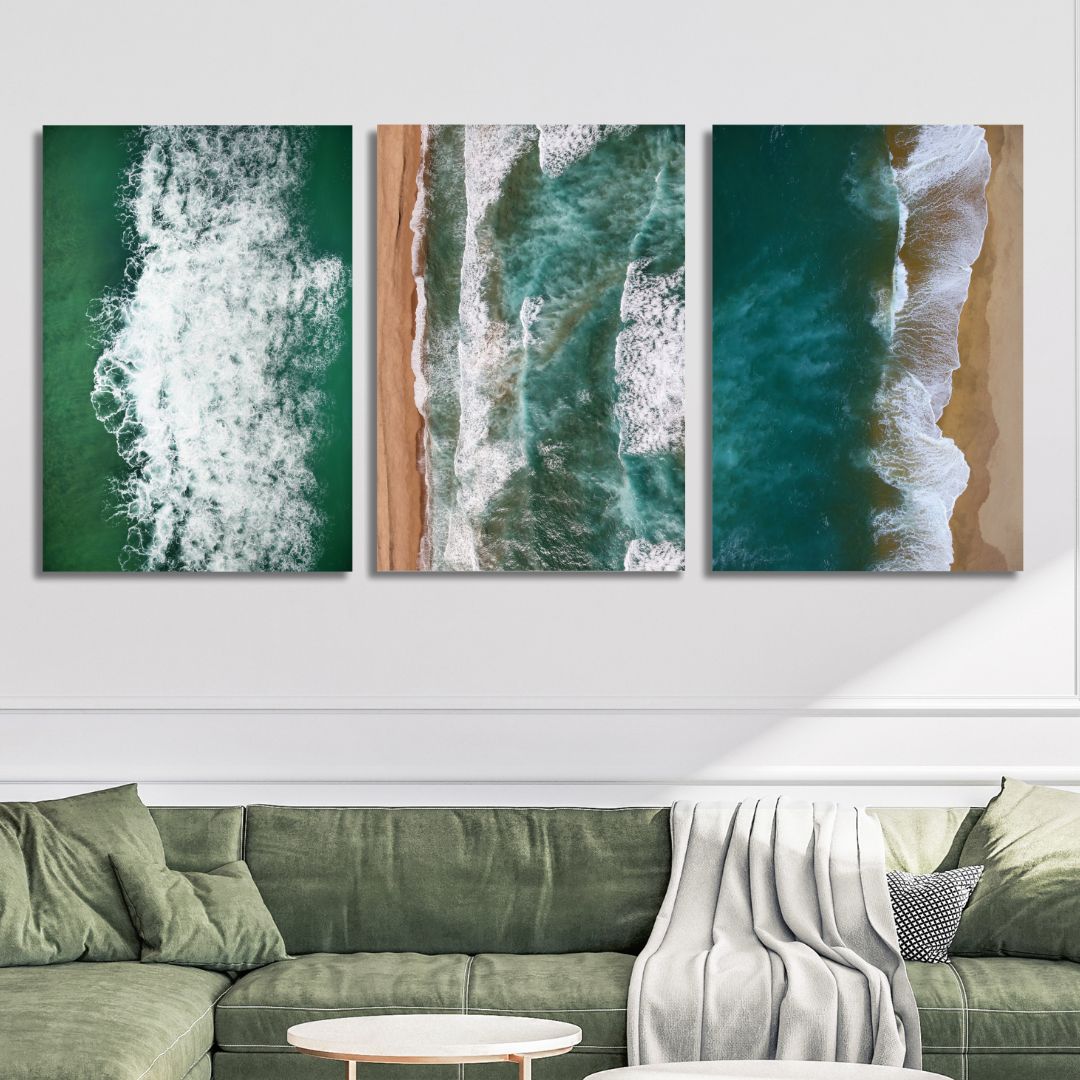 Serene Coastal Waves Triptych - Ocean-Inspired Oil Painting for Home Decor