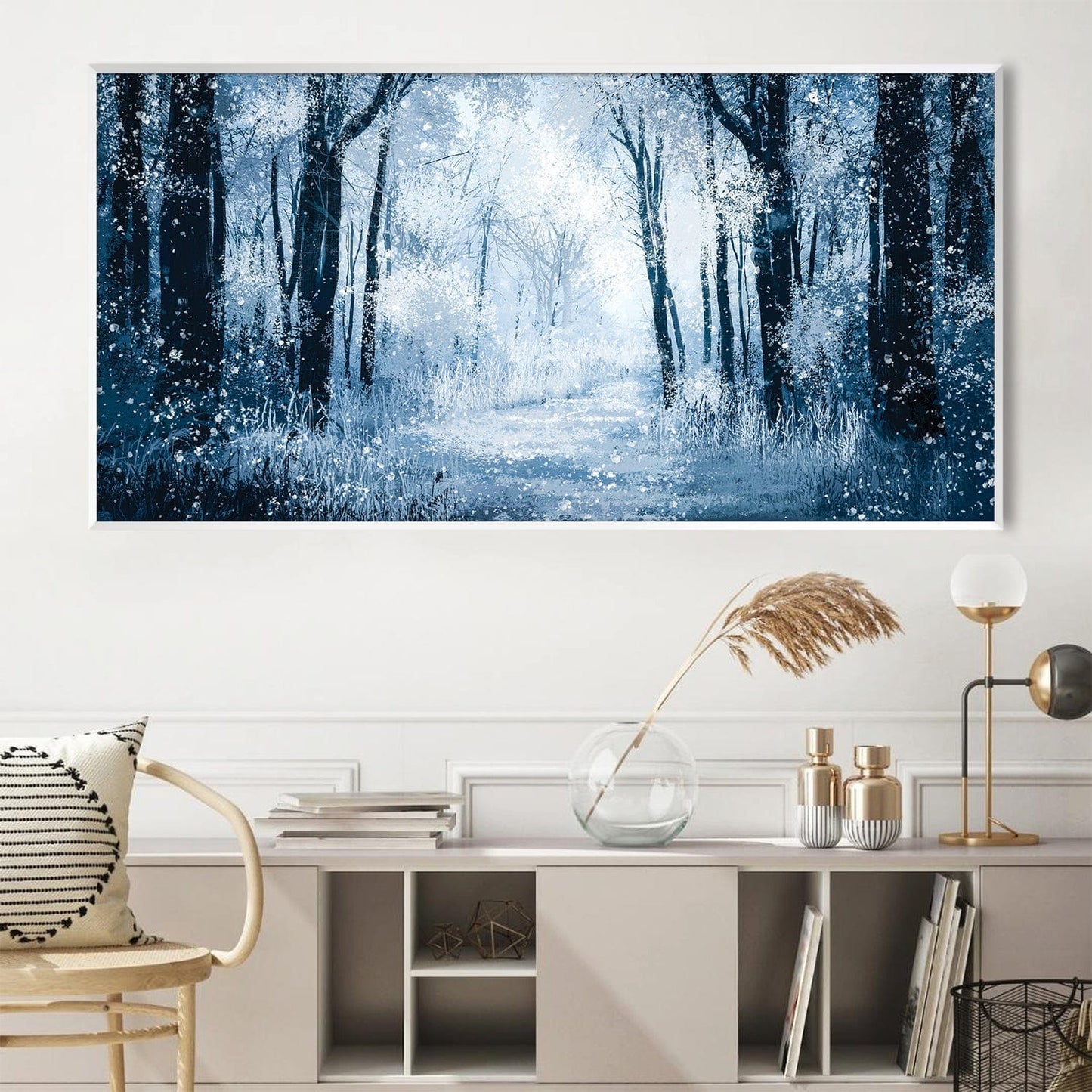 Magical Winter Forest Oil Painting – Tranquil Blue Landscape Art for Home Decor