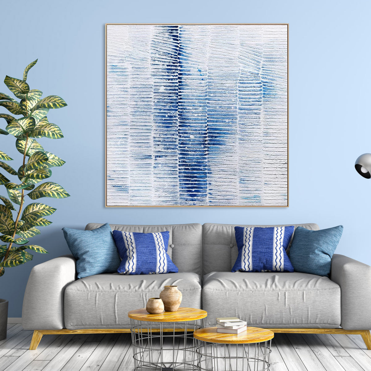 Icy Blue Abstract Oil Painting with Textured Patterns for Modern Home Decor