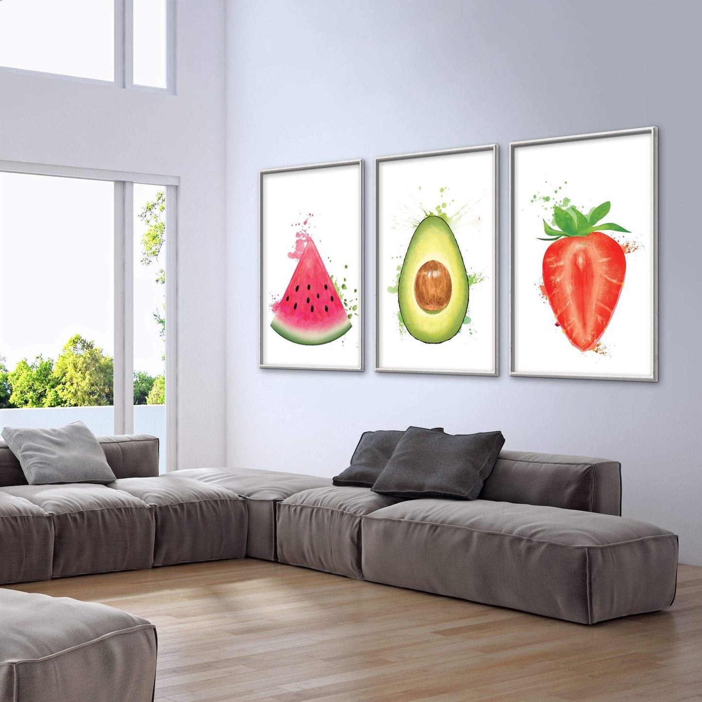 Vibrant Fruit Trio Oil Painting - Watermelon, Avocado, Strawberry Wall Art
