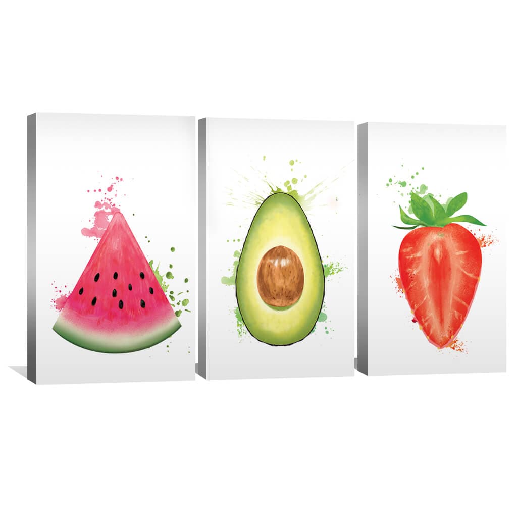 Vibrant Fruit Trio Oil Painting - Watermelon, Avocado, Strawberry Wall Art