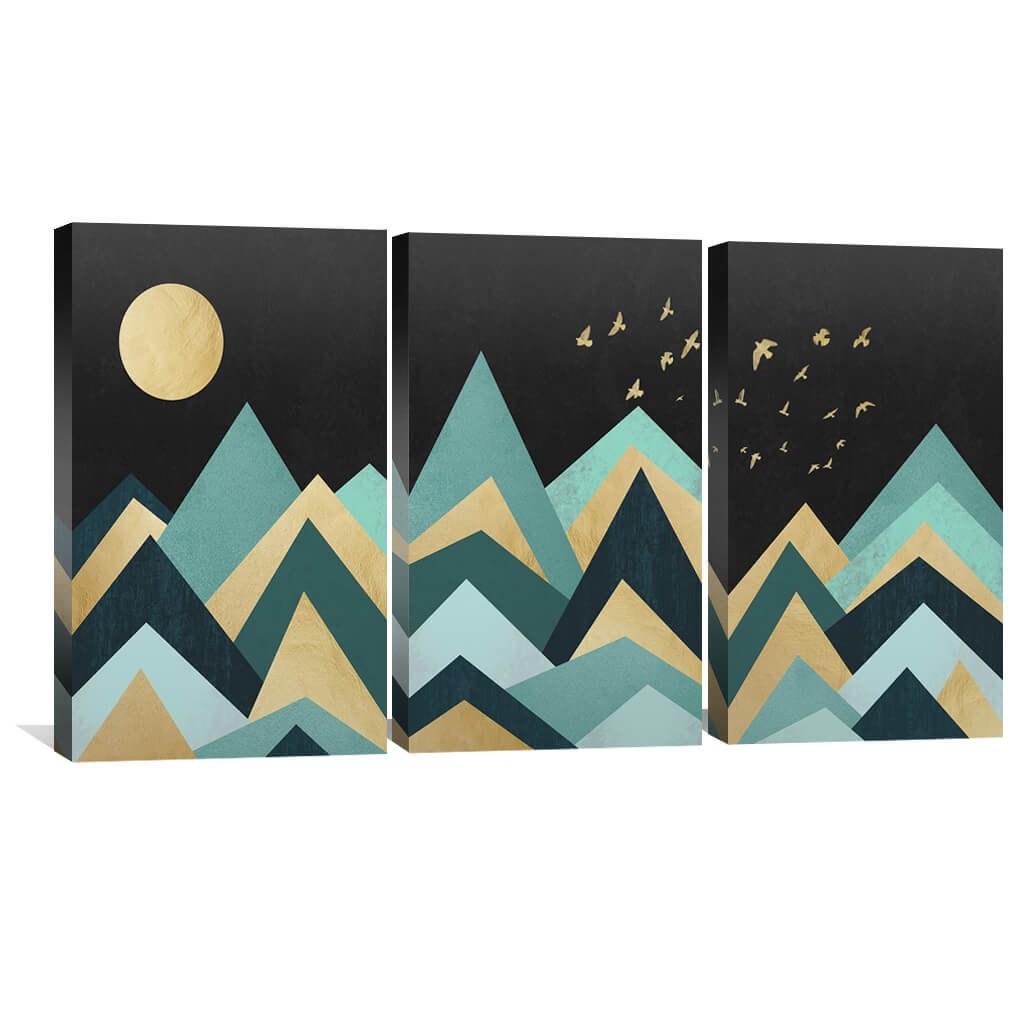 Abstract Mountain Landscape with Full Moon and Golden Highlights