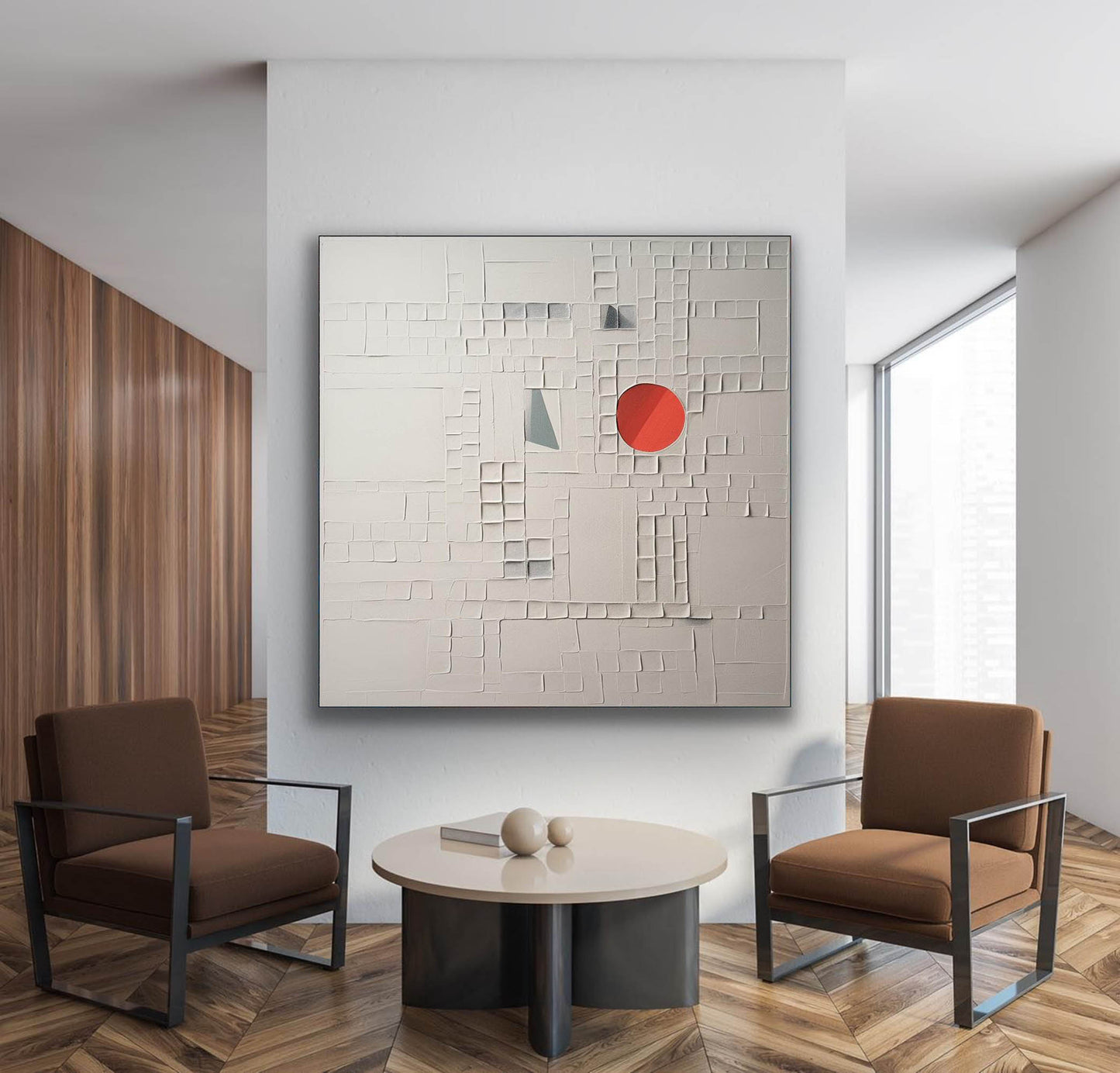 Abstract Textured Oil Painting with Bold Red Circle and Geometric Elements