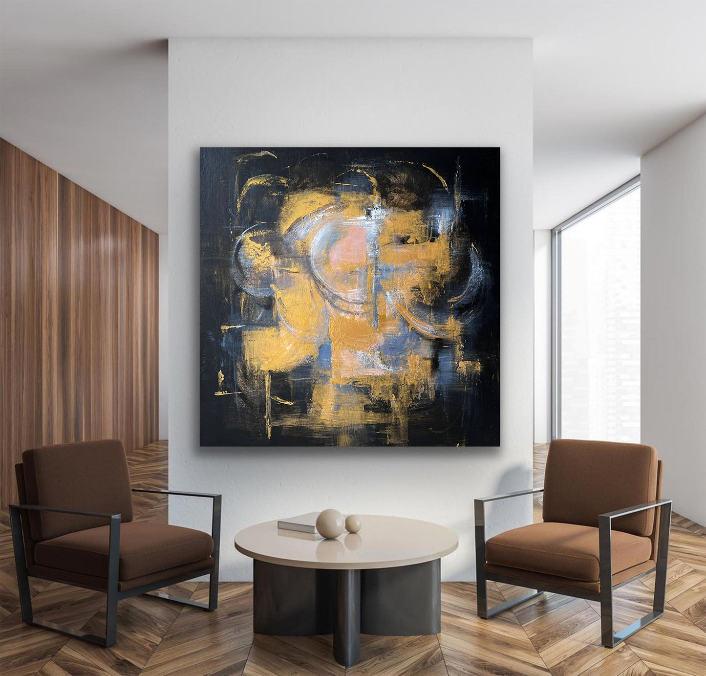 Abstract Floral Oil Painting on Black Canvas – Modern Home Decor Art
