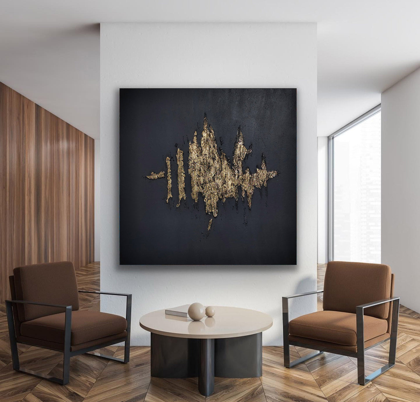 Gold and Black Minimalist Abstract Oil Painting for Contemporary Decor