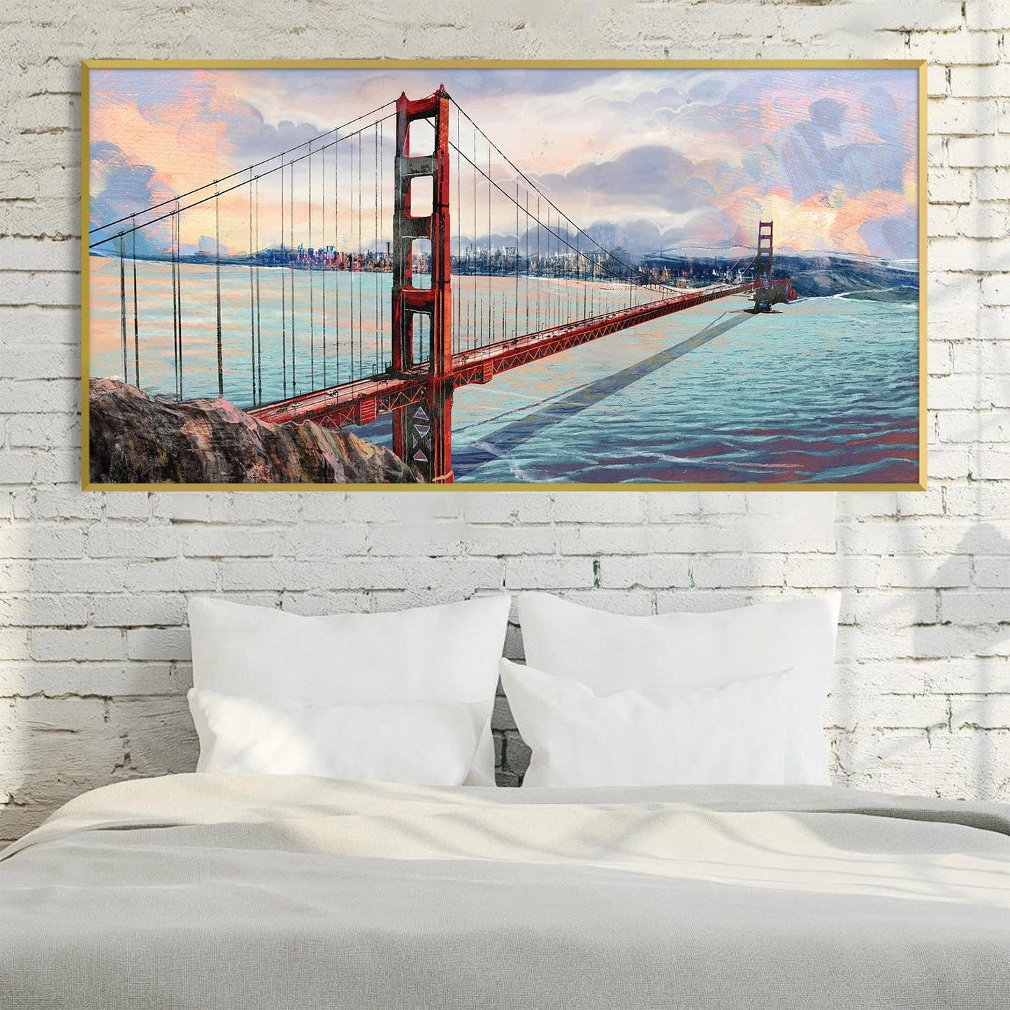 Golden Gate Bridge Sunset Oil Painting for Coastal Home Decor