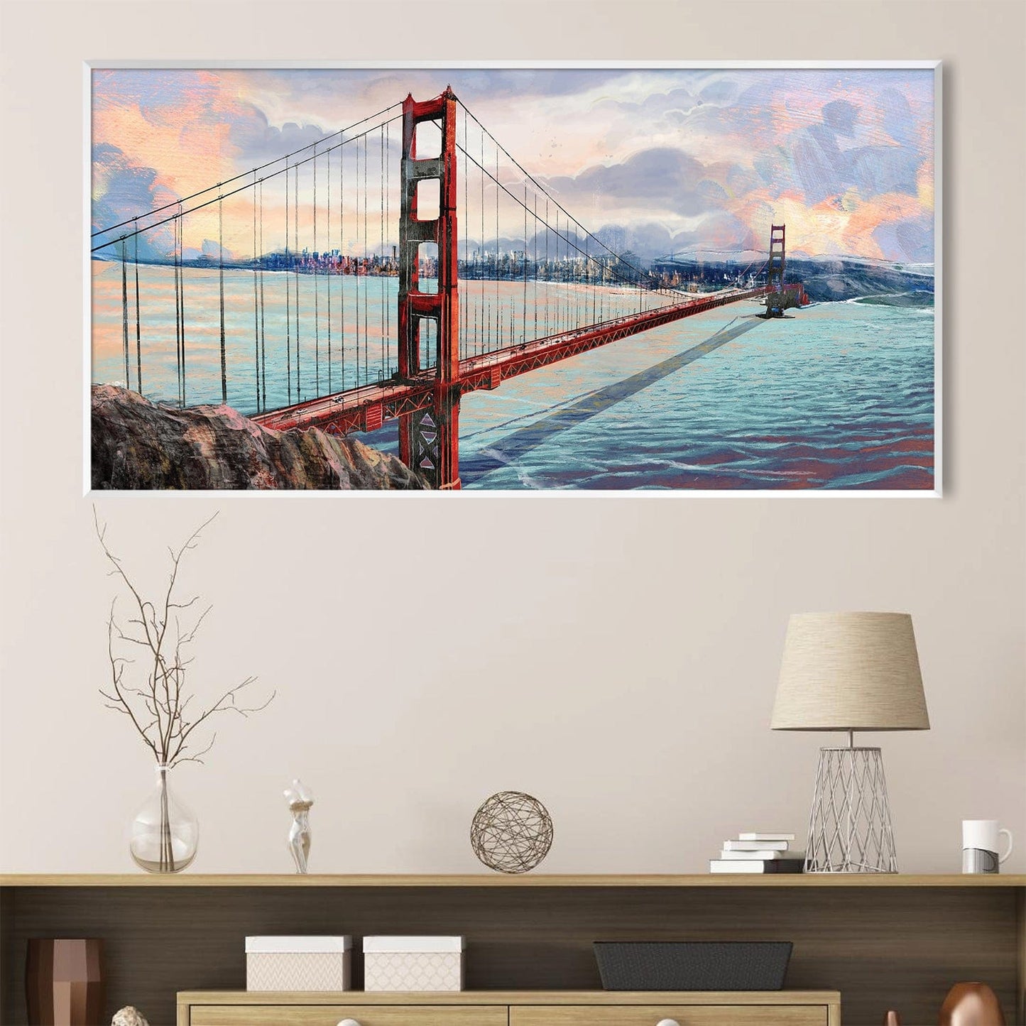 Golden Gate Bridge Sunset Oil Painting for Coastal Home Decor