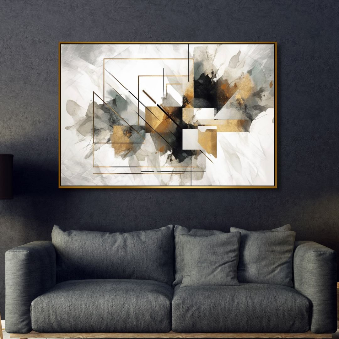 Elegant Geometric Gold and Gray Abstract Oil Painting for Modern Decor