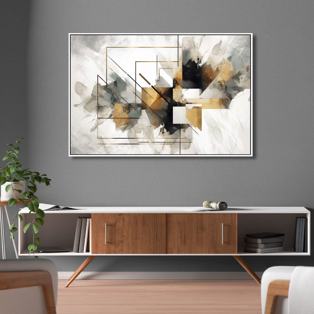 Elegant Geometric Gold and Gray Abstract Oil Painting for Modern Decor