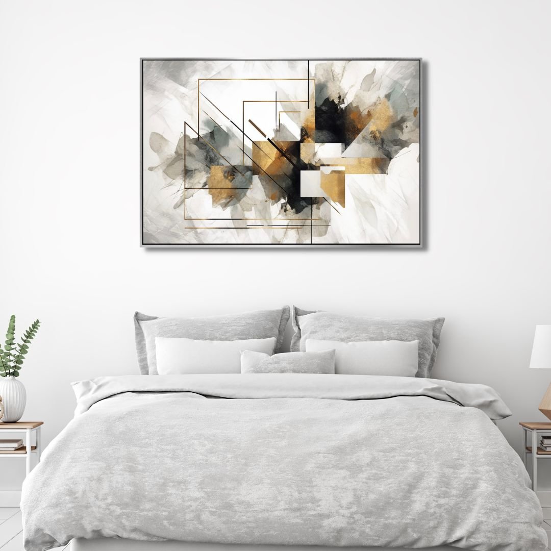 Elegant Geometric Gold and Gray Abstract Oil Painting for Modern Decor