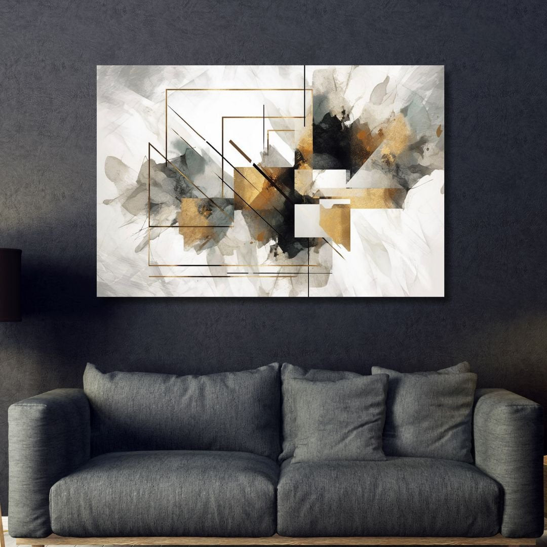 Elegant Geometric Gold and Gray Abstract Oil Painting for Modern Decor