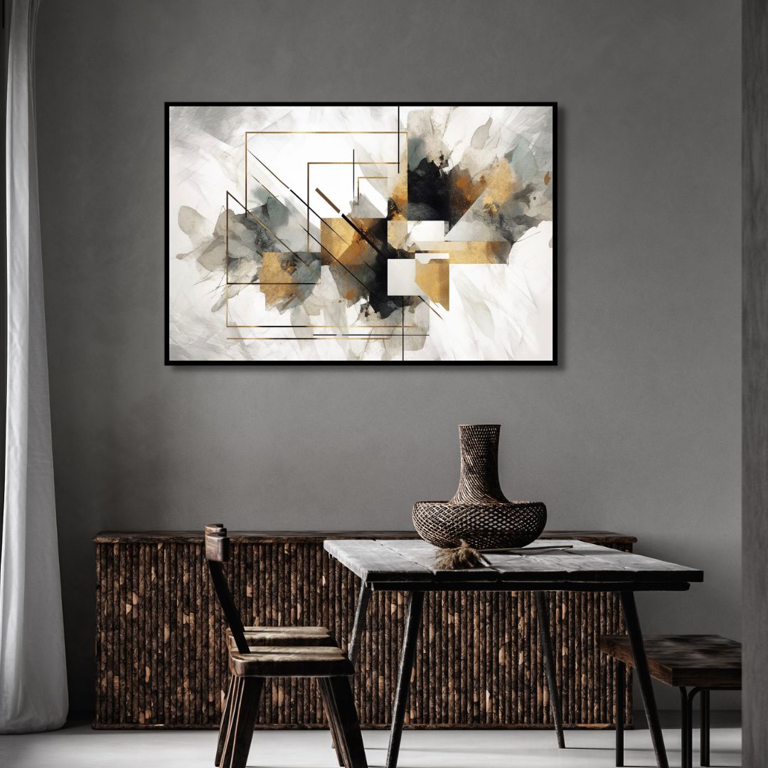 Elegant Geometric Gold and Gray Abstract Oil Painting for Modern Decor