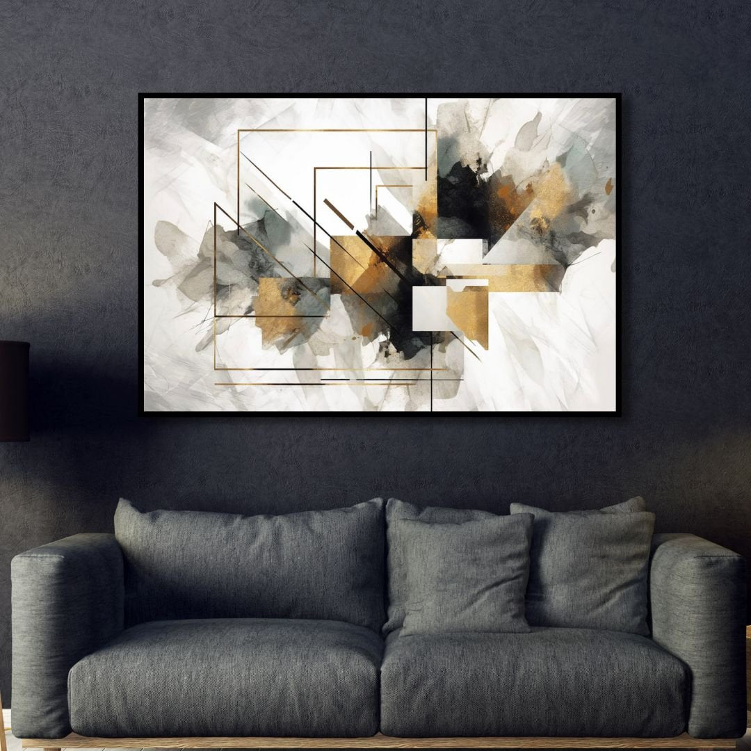 Elegant Geometric Gold and Gray Abstract Oil Painting for Modern Decor