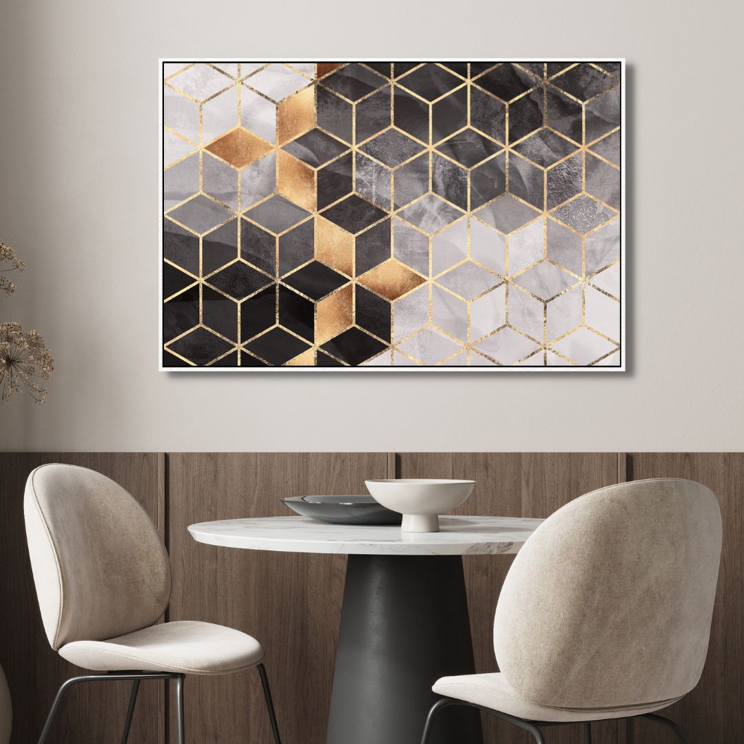 Modern Geometric Gray and Gold Abstract Oil Painting for Elegant Home Decor