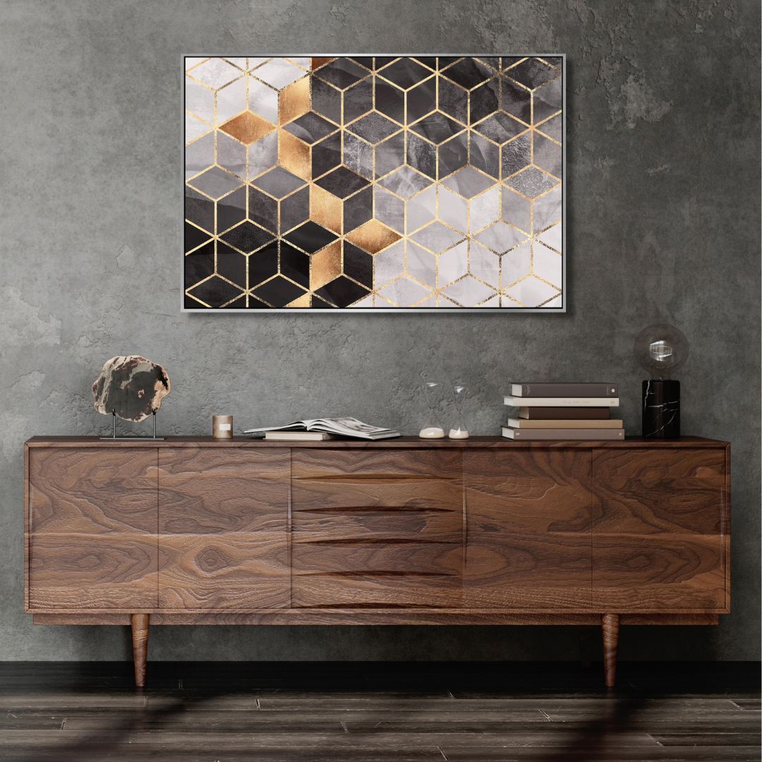 Modern Geometric Gray and Gold Abstract Oil Painting for Elegant Home Decor