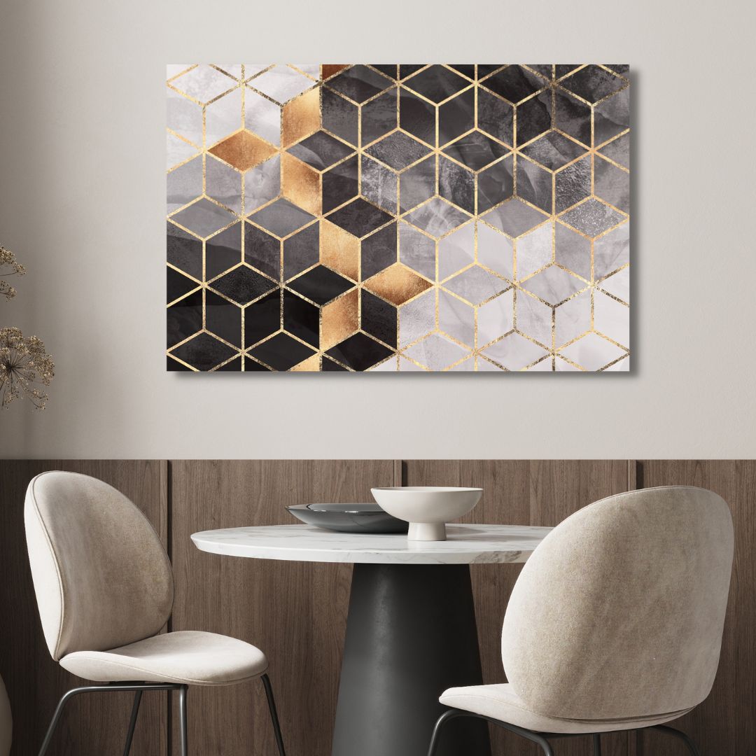 Modern Geometric Gray and Gold Abstract Oil Painting for Elegant Home Decor