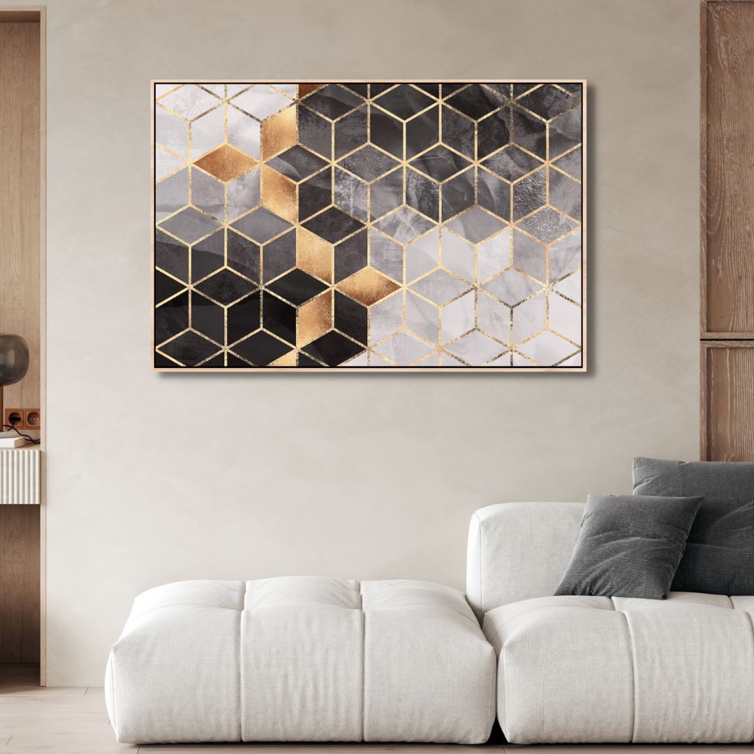Modern Geometric Gray and Gold Abstract Oil Painting for Elegant Home Decor
