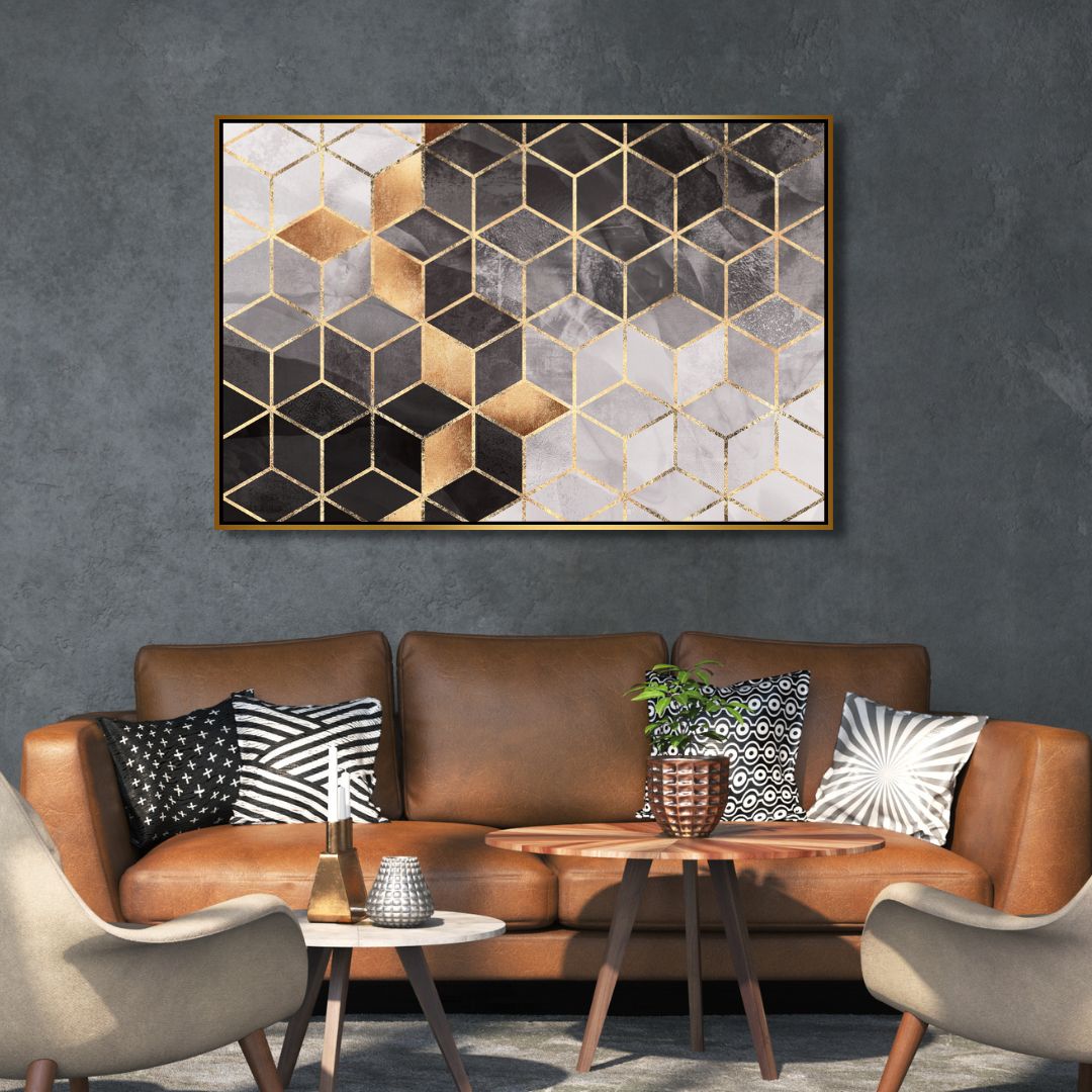 Modern Geometric Gray and Gold Abstract Oil Painting for Elegant Home Decor