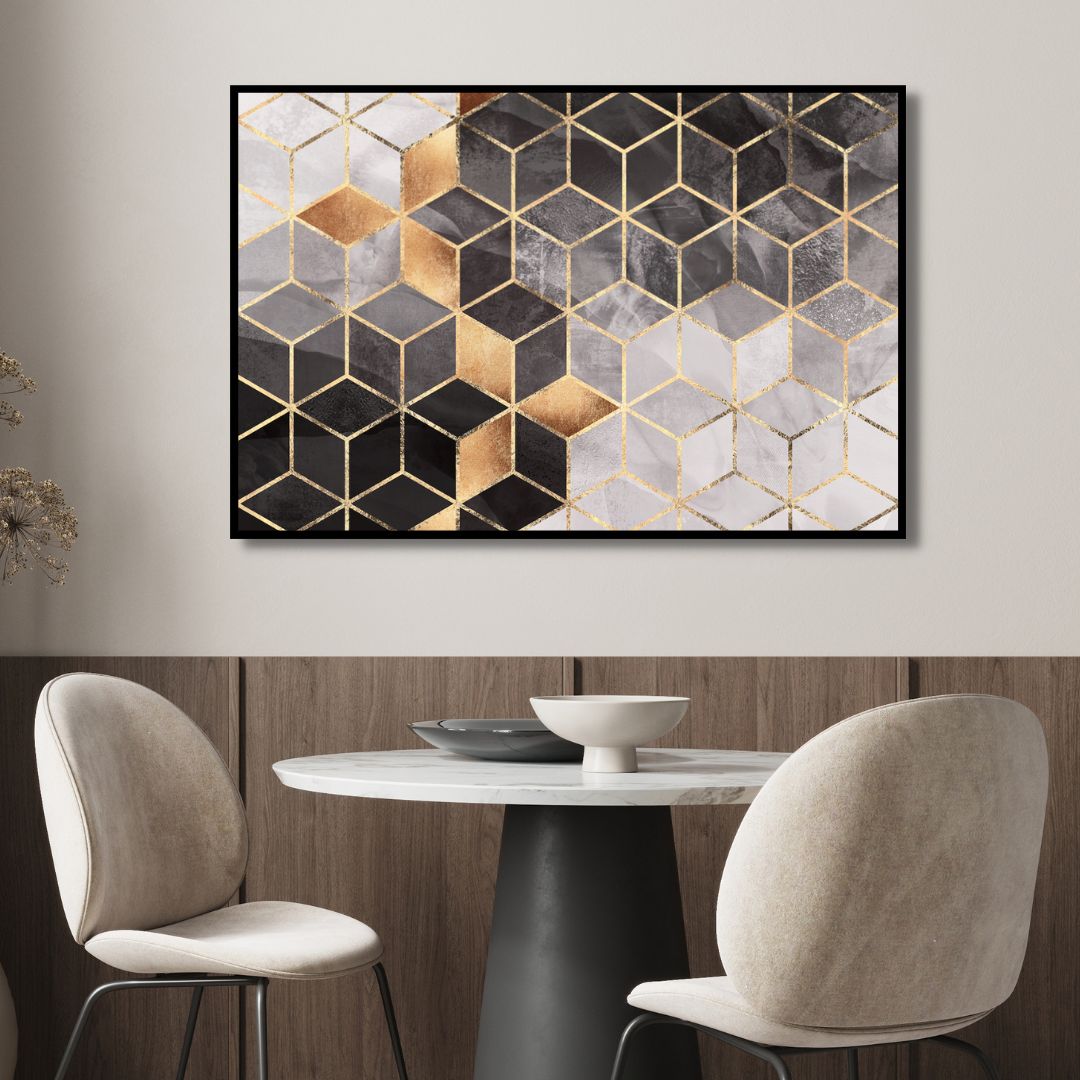Modern Geometric Gray and Gold Abstract Oil Painting for Elegant Home Decor