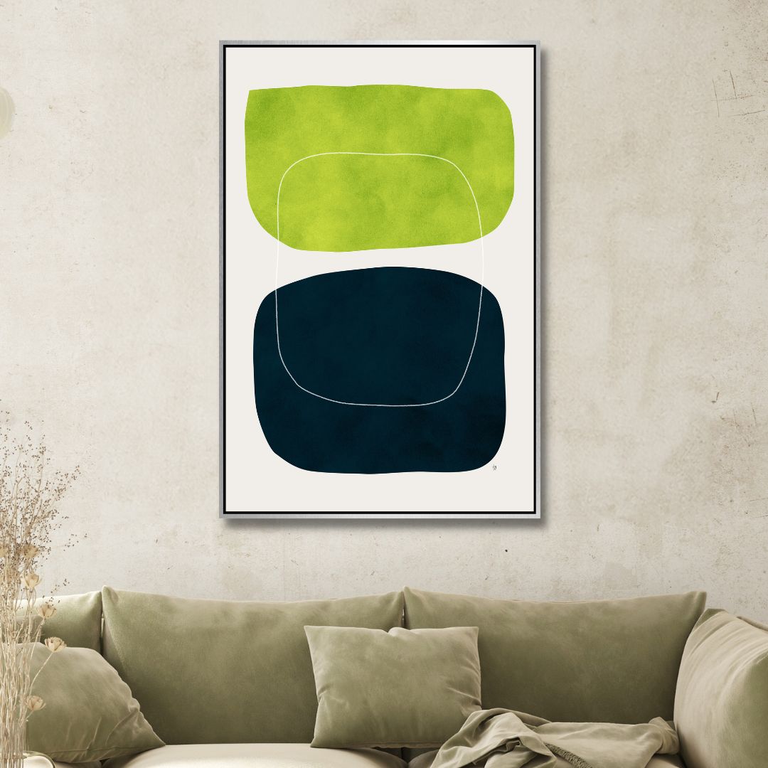 Modern Geometric Abstract Oil Painting in Green, Black, and White Colors