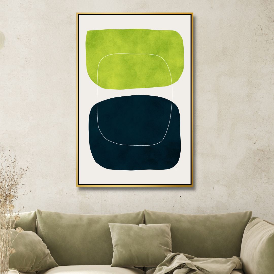 Modern Geometric Abstract Oil Painting in Green, Black, and White Colors