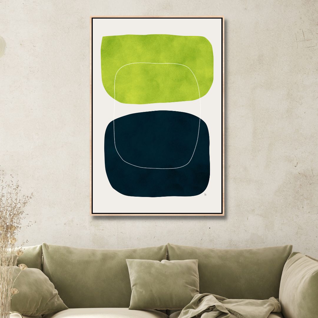 Modern Geometric Abstract Oil Painting in Green, Black, and White Colors