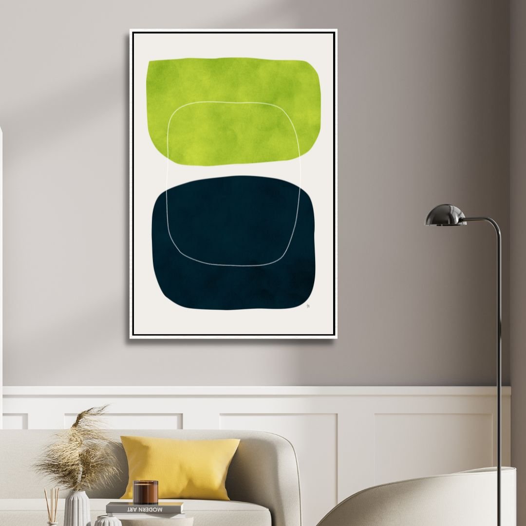 Modern Geometric Abstract Oil Painting in Green, Black, and White Colors