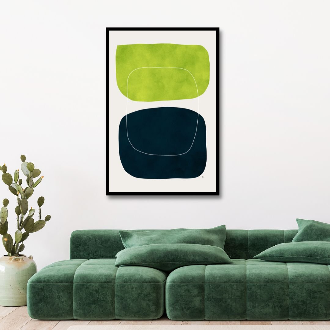 Modern Geometric Abstract Oil Painting in Green, Black, and White Colors