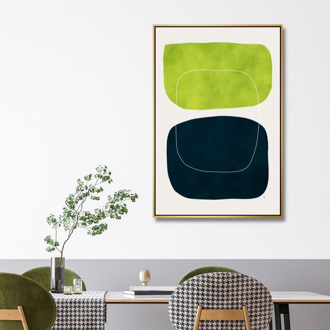 Modern Geometric Abstract Oil Painting in Green, Black, and White Colors