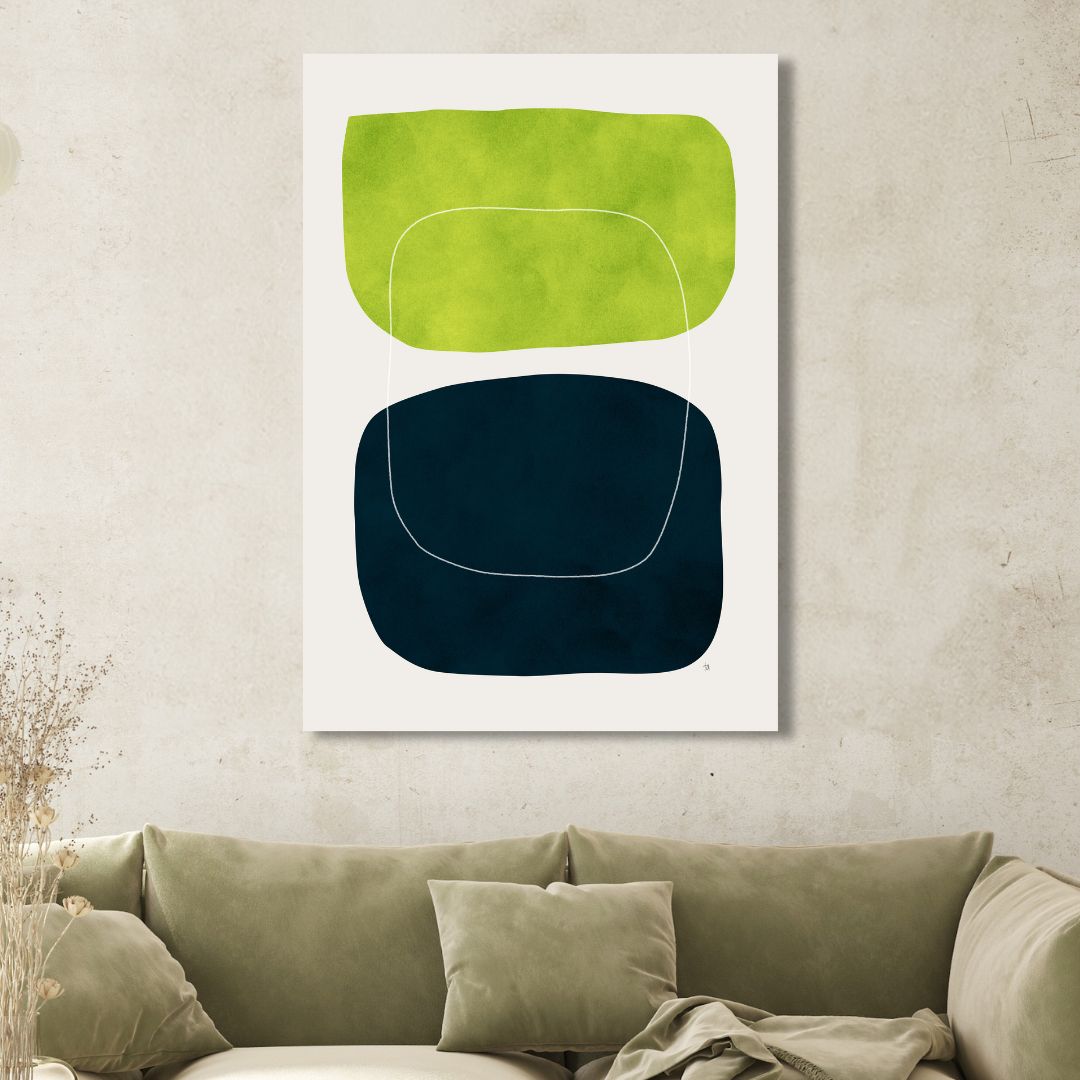 Modern Geometric Abstract Oil Painting in Green, Black, and White Colors