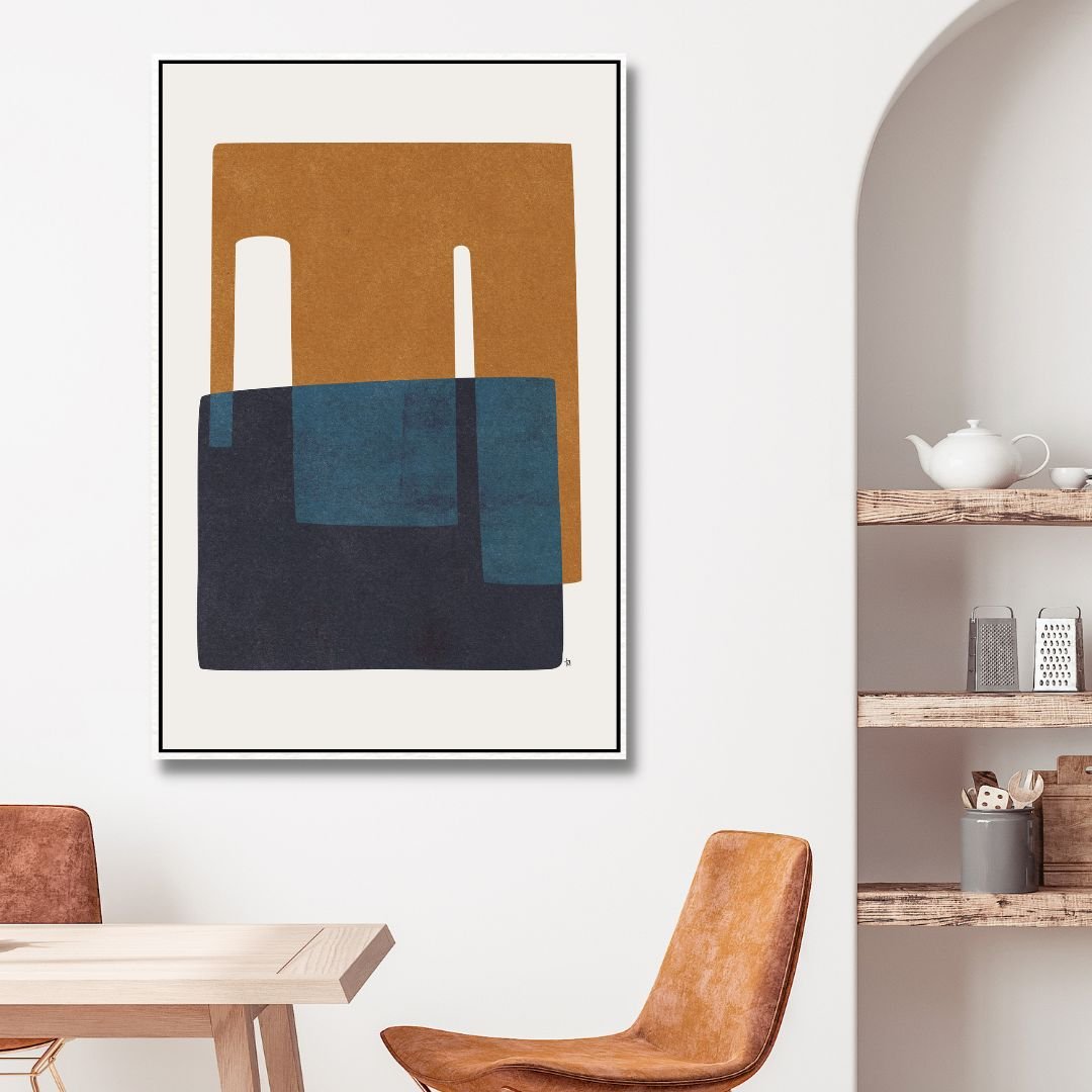 Modern Geometric Abstract Oil Painting in Navy and Brown Tones for Home Decor