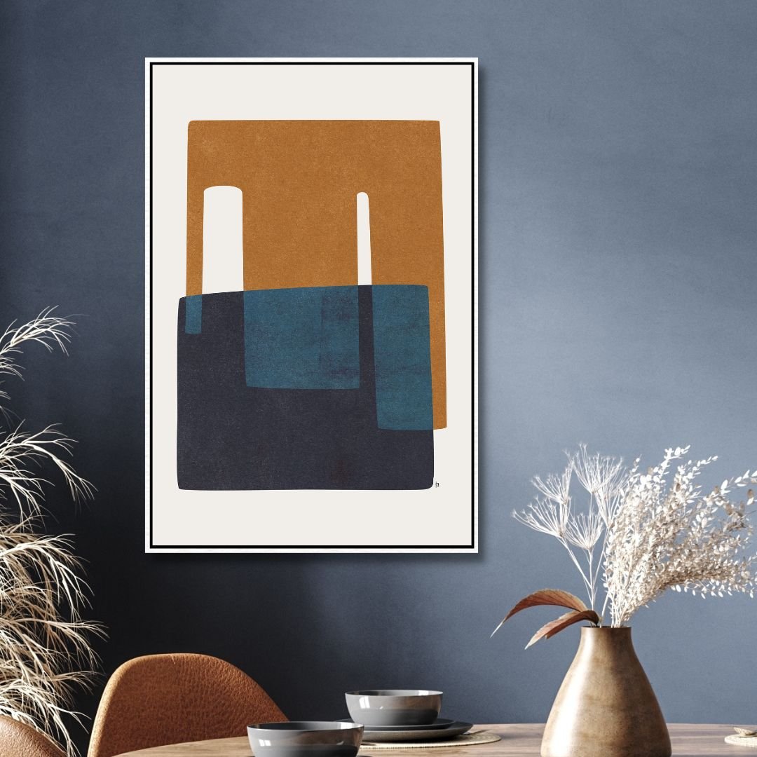 Modern Geometric Abstract Oil Painting in Navy and Brown Tones for Home Decor