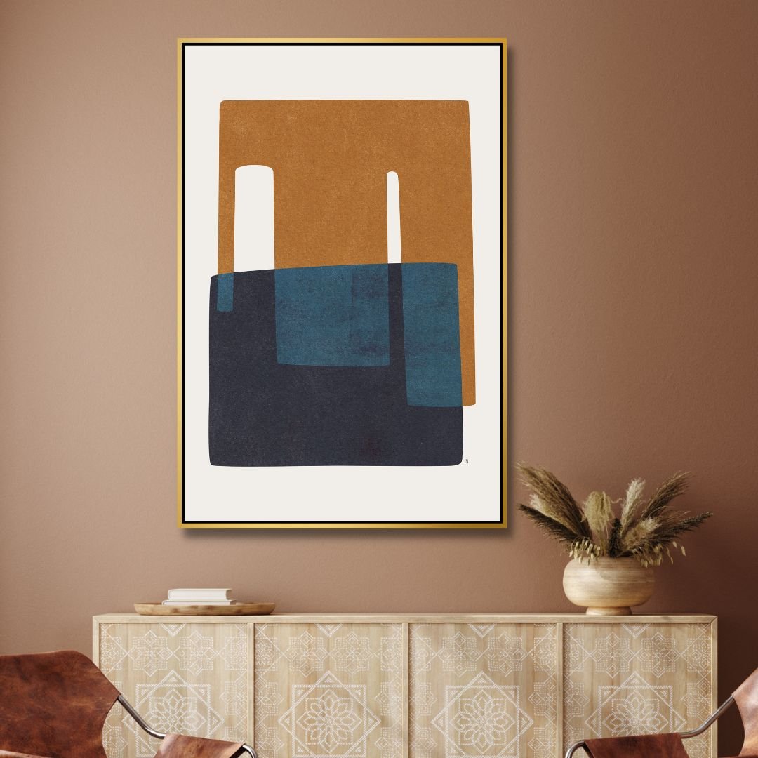 Modern Geometric Abstract Oil Painting in Navy and Brown Tones for Home Decor