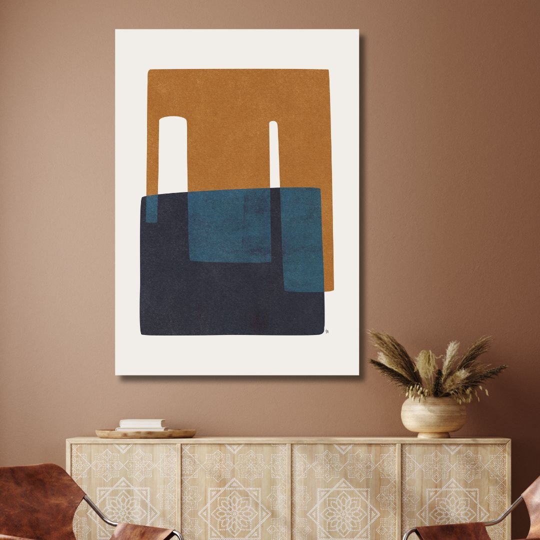 Modern Geometric Abstract Oil Painting in Navy and Brown Tones for Home Decor