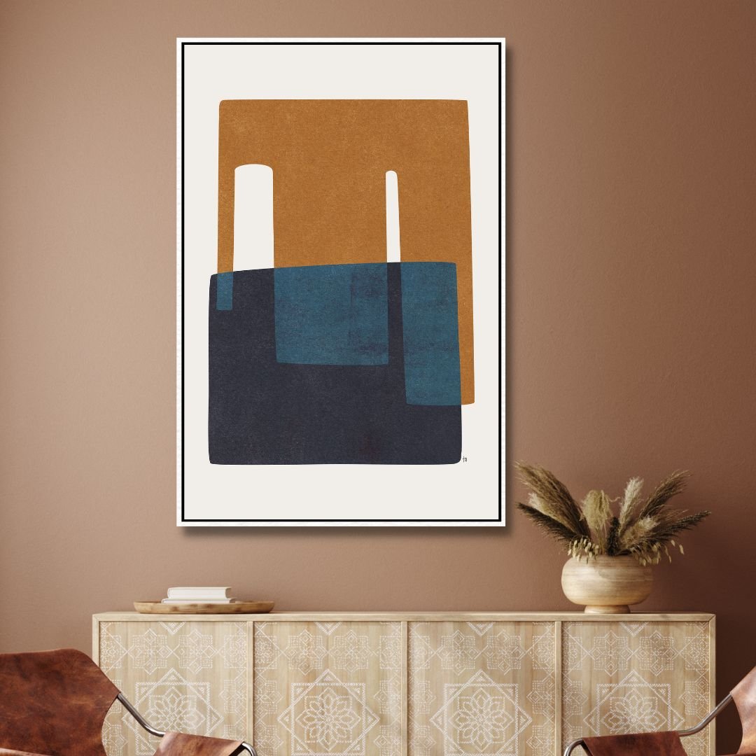 Modern Geometric Abstract Oil Painting in Navy and Brown Tones for Home Decor