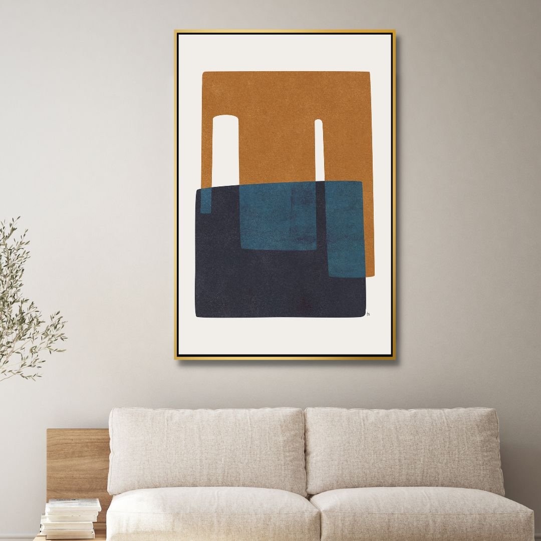Modern Geometric Abstract Oil Painting in Navy and Brown Tones for Home Decor