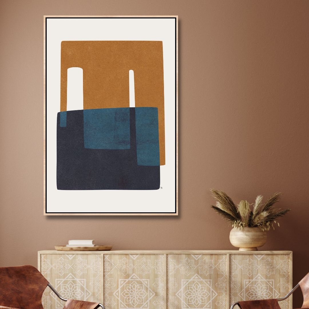 Modern Geometric Abstract Oil Painting in Navy and Brown Tones for Home Decor