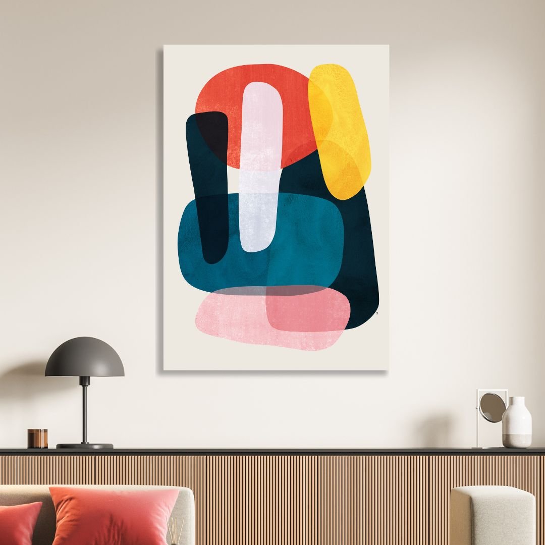 Abstract Geometric Shapes in Pink, Yellow, Red, and Gray - Contemporary Oil Painting
