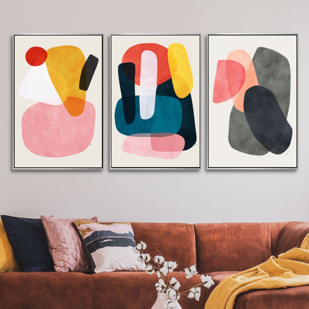 Abstract Geometric Shapes in Pink, Yellow, Red, and Gray - Contemporary Oil Painting