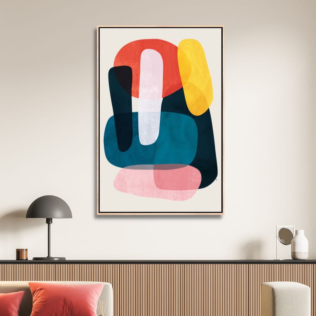 Abstract Geometric Shapes in Pink, Yellow, Red, and Gray - Contemporary Oil Painting