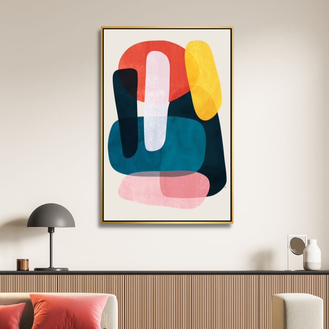 Abstract Geometric Shapes in Pink, Yellow, Red, and Gray - Contemporary Oil Painting
