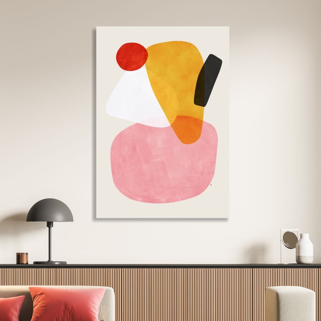 Abstract Geometric Shapes in Pink, Yellow, Red, and Gray - Contemporary Oil Painting