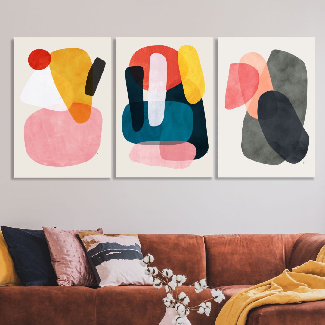 Abstract Geometric Shapes in Pink, Yellow, Red, and Gray - Contemporary Oil Painting
