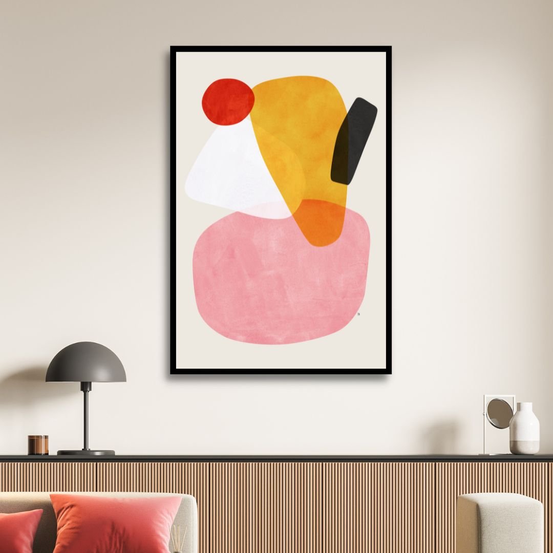 Abstract Geometric Shapes in Pink, Yellow, Red, and Gray - Contemporary Oil Painting