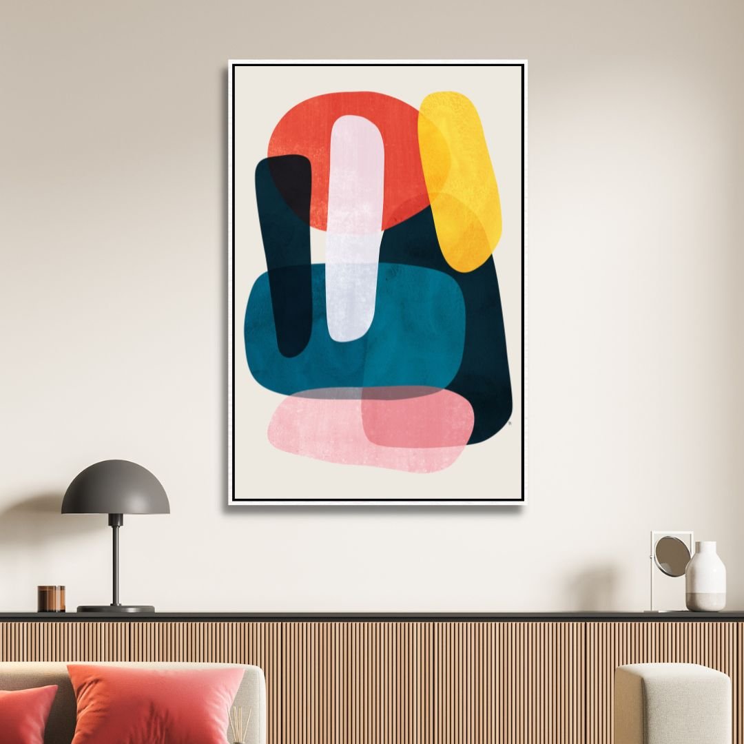 Abstract Geometric Shapes in Pink, Yellow, Red, and Gray - Contemporary Oil Painting