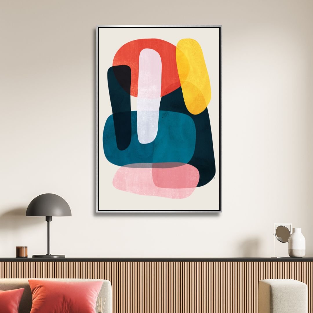 Abstract Geometric Shapes in Pink, Yellow, Red, and Gray - Contemporary Oil Painting