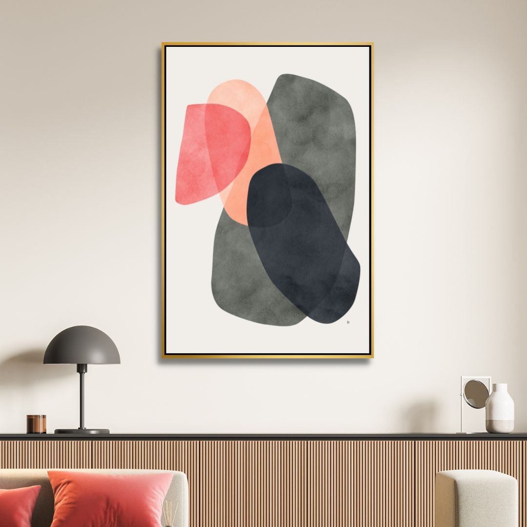 Abstract Geometric Shapes in Pink, Yellow, Red, and Gray - Contemporary Oil Painting